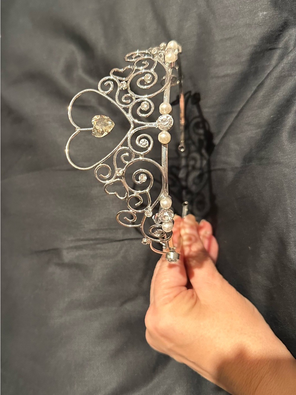 Silver toned Heart Tiara with Pearls - Women Accessories